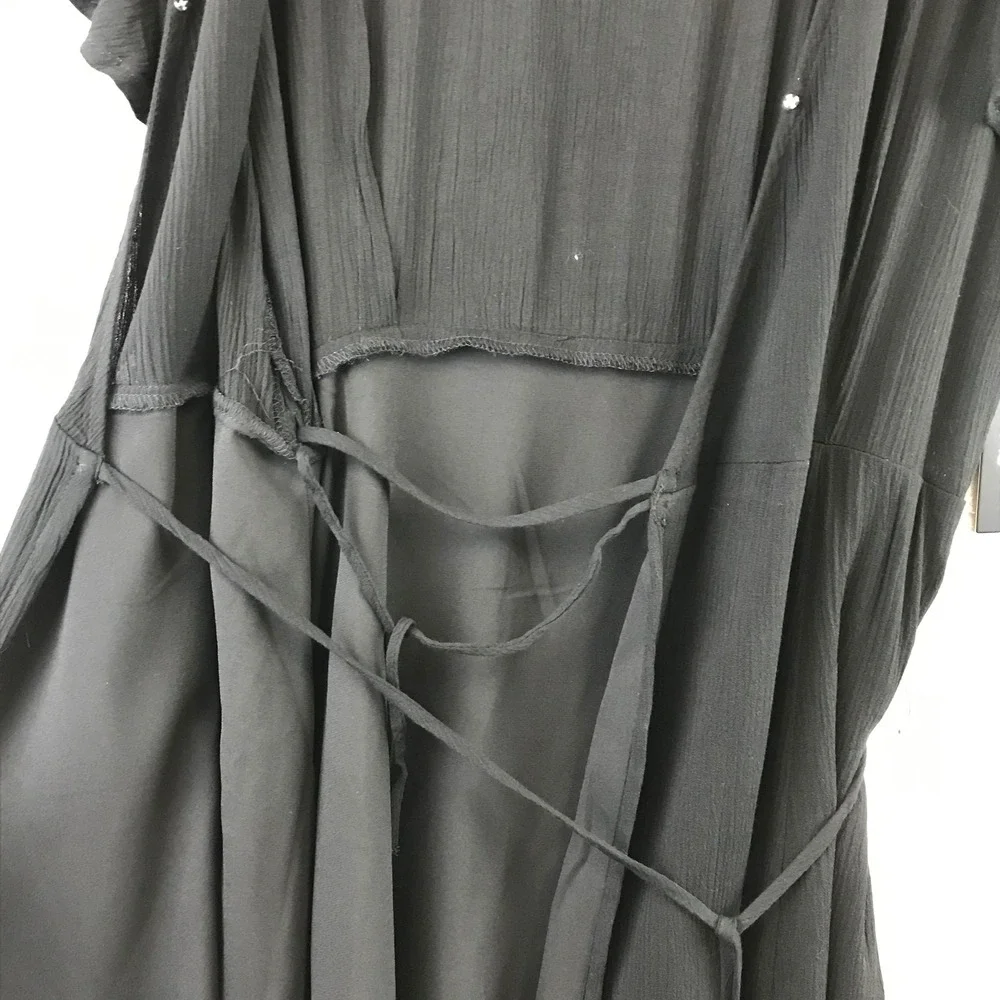 New Lulus Black Wrap Maxi Dress Flutter Sleeve Tie Waist Textured L - Picture 4 of 12
